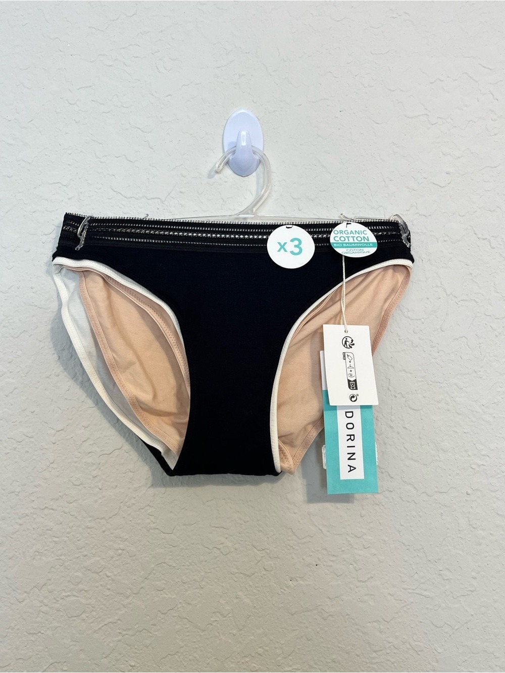 Dorina Giana 3 Pack Organic Cotton Bikini Brief Panties Black Ivory Beige S NEW